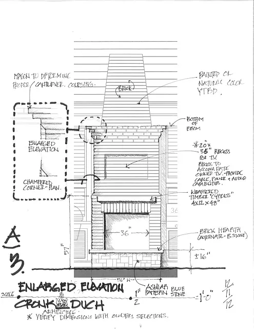 Architectural drawing of chimney and fireplace with measurements and material notes.