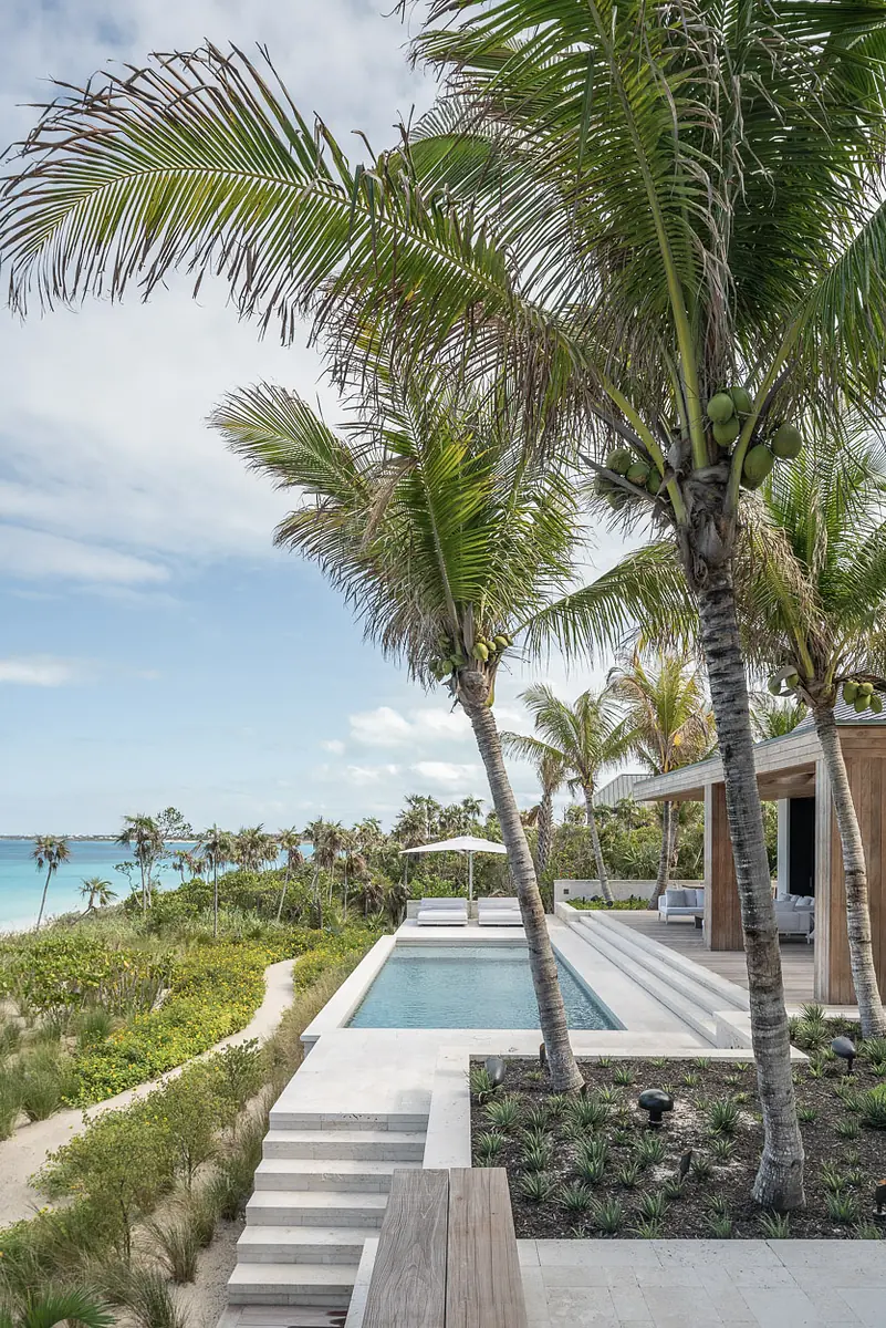 Exterior rear with swimming pool, palm trees, greenery, steps, and wooden bench overlooking the ocean