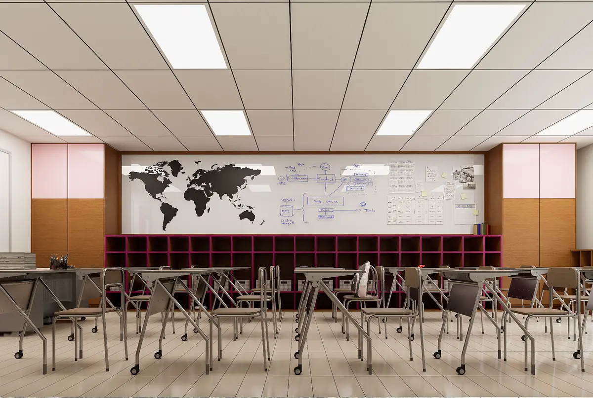 Classroom featuring metal chairs, a world map, shelving units, and fluorescent ceiling lights.