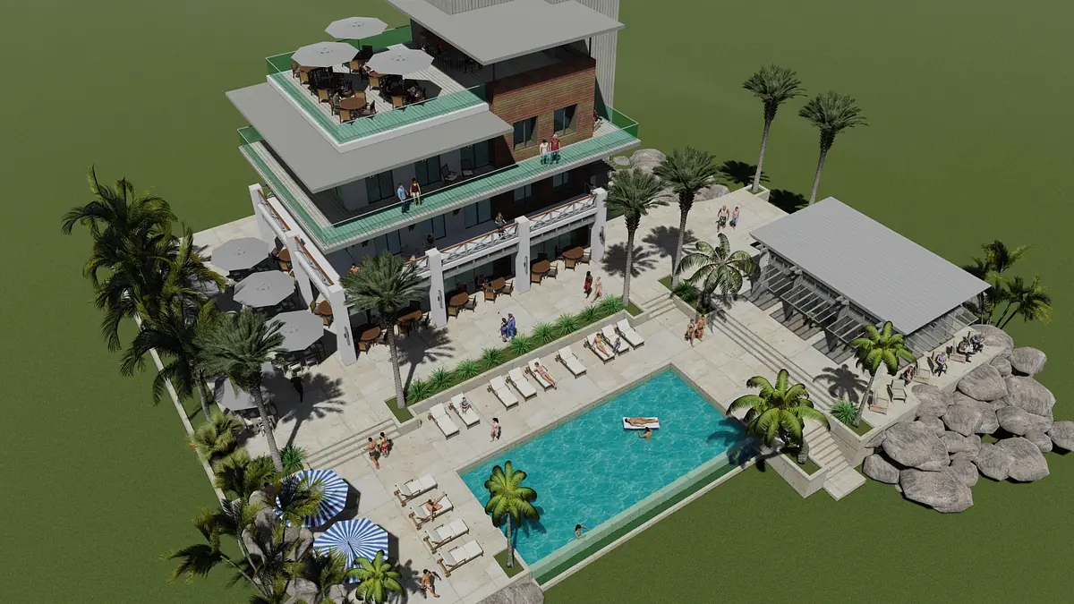 Outdoor area with pool, lounge chairs, palm trees, and a multi-level building with balconies.