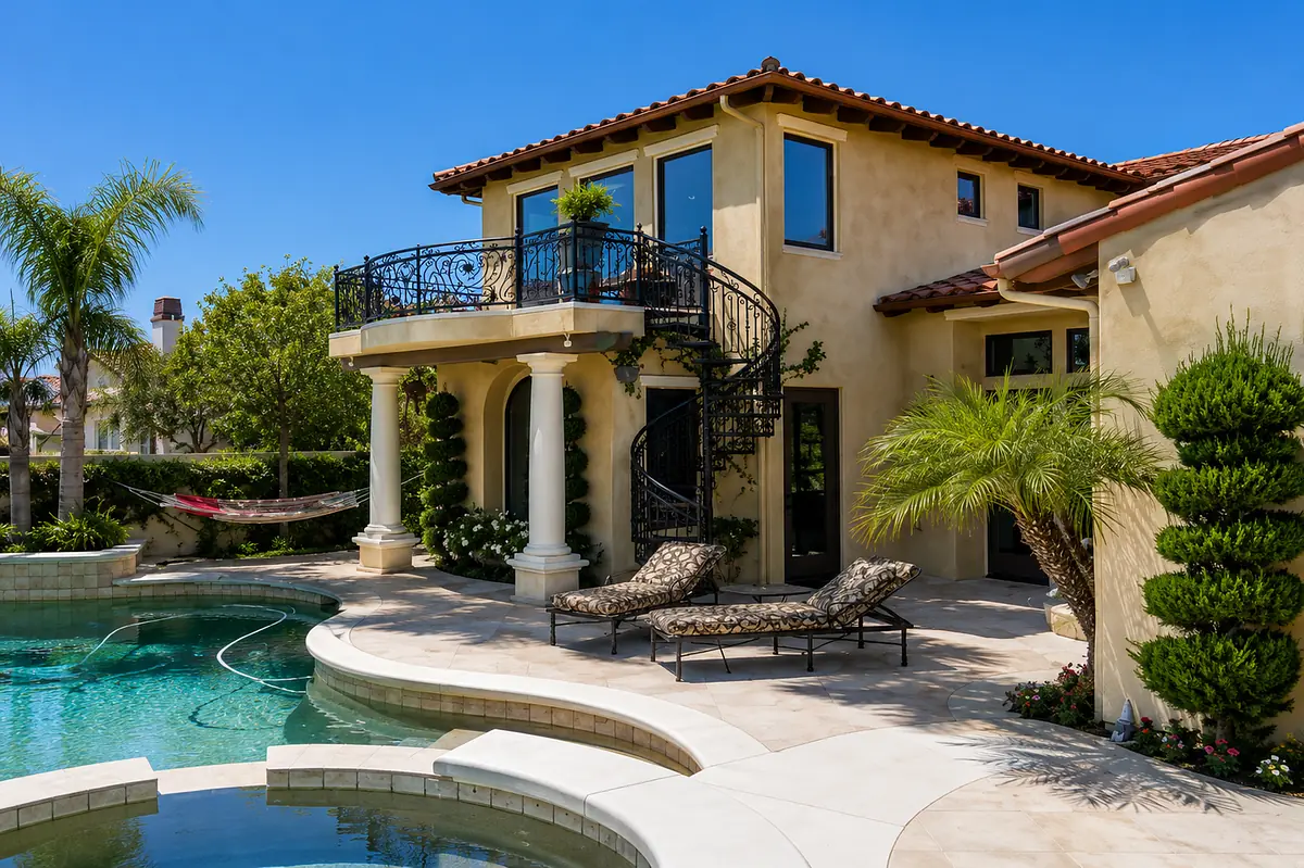 Exterior rear view with pool, lounge chairs, spiral staircase, and lush landscaping.