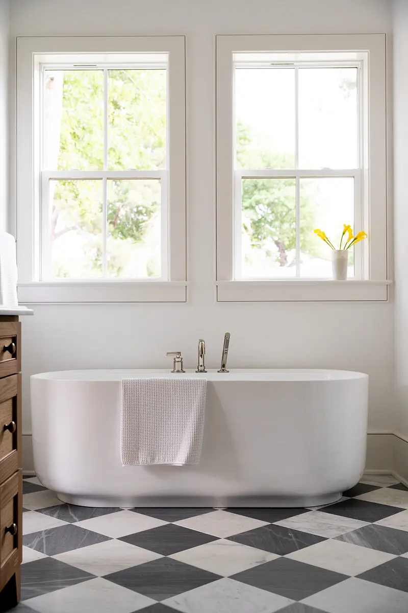 Bathroom with freestanding white bathtub, checkered floor, windows, and a potted plant.