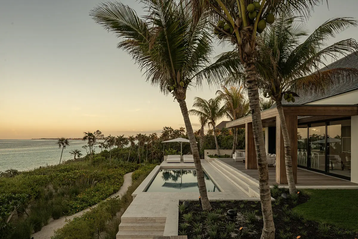 Exterior rear view with swimming pool, palm trees, and landscaped garden beside a modern house.