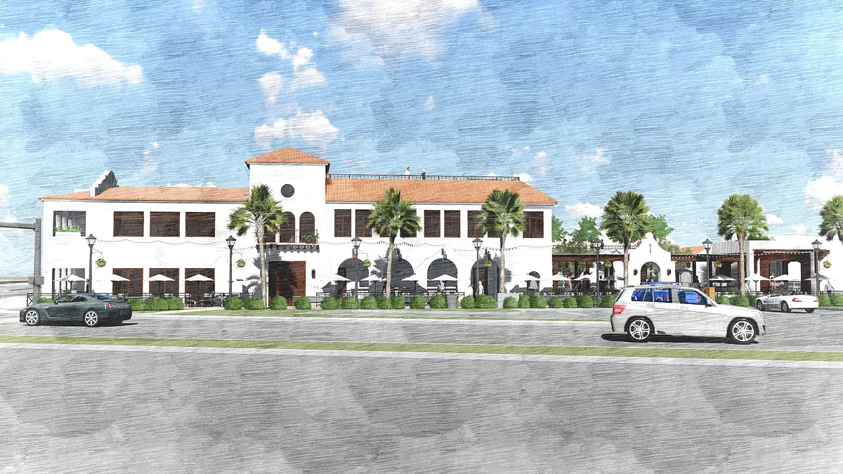 Exterior front view of a building with white walls, red tile roof, arches, palm trees, and outdoor seating.