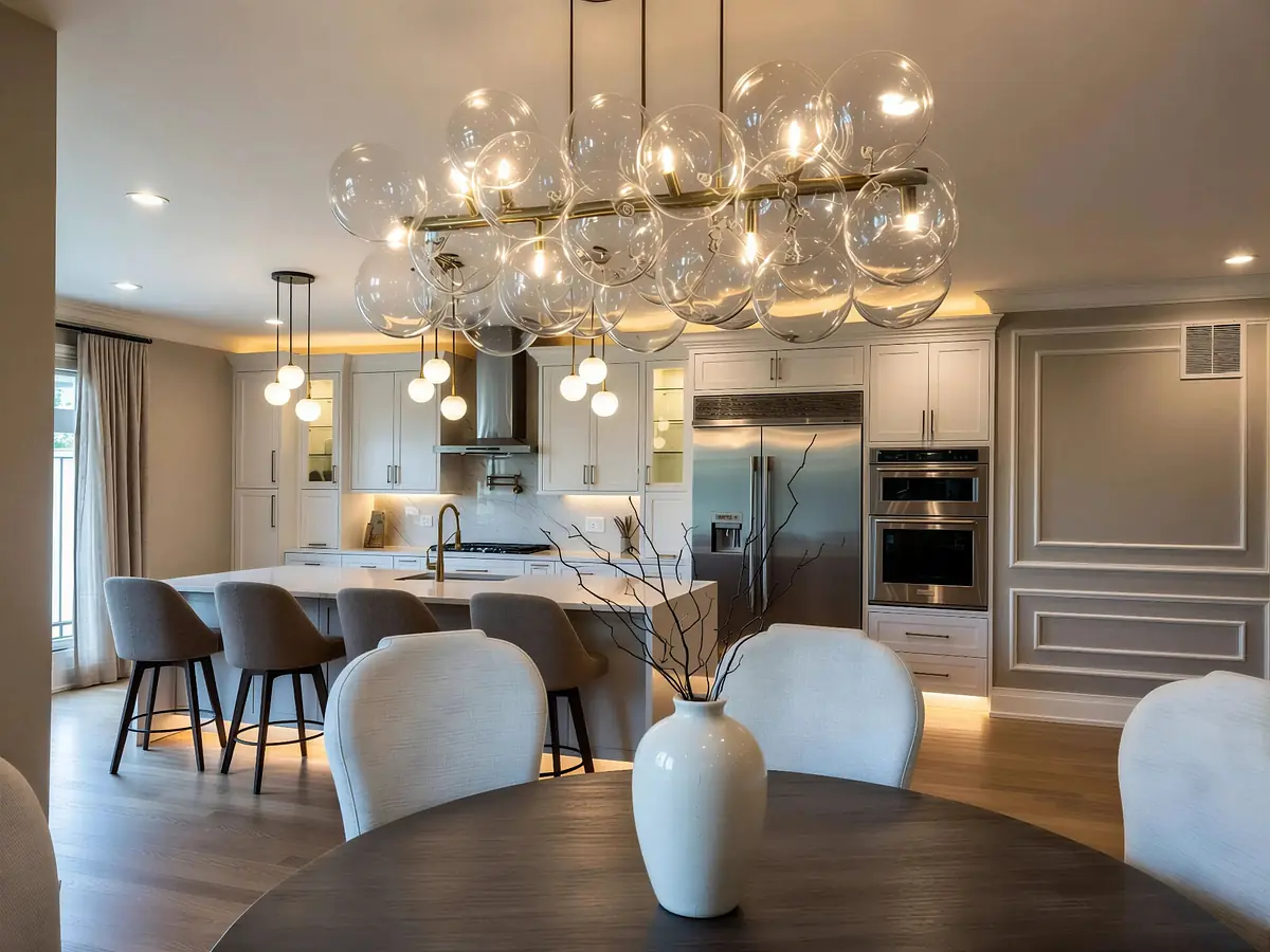 Kitchen features white island, gray bar stools, modern appliances, round dining table, and glass orb chandelier