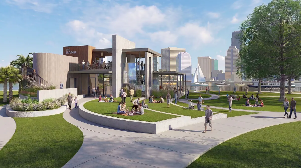 Exterior view of a public building with modern architecture, terrace, people, landscaping, and city skyline.