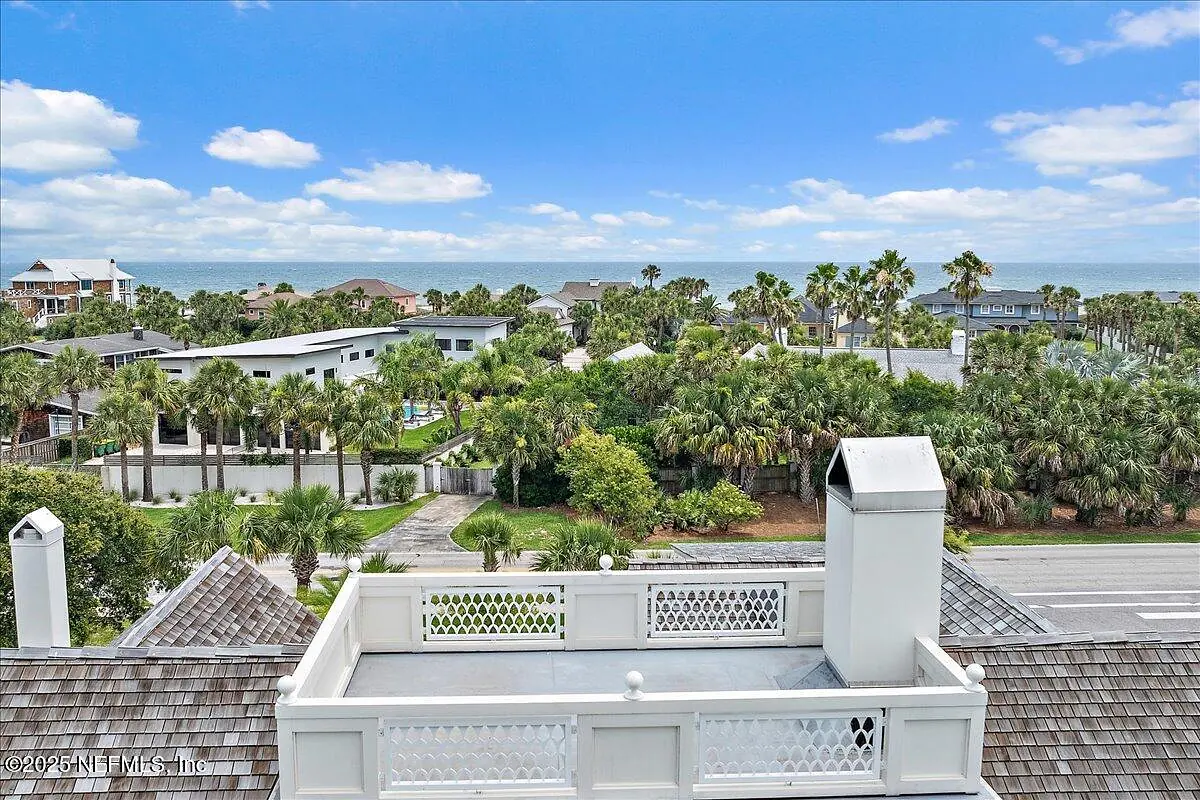 Rooftop terrace view of palm trees, houses, and a clear sky with white railing and a chimney.