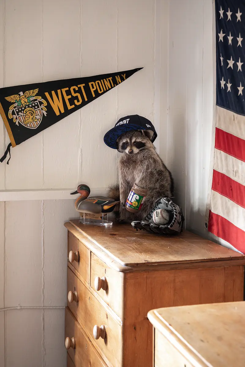 Interior corner with wooden chest, taxidermied raccoon, decorative ducks, American flag, and West Point pennant.