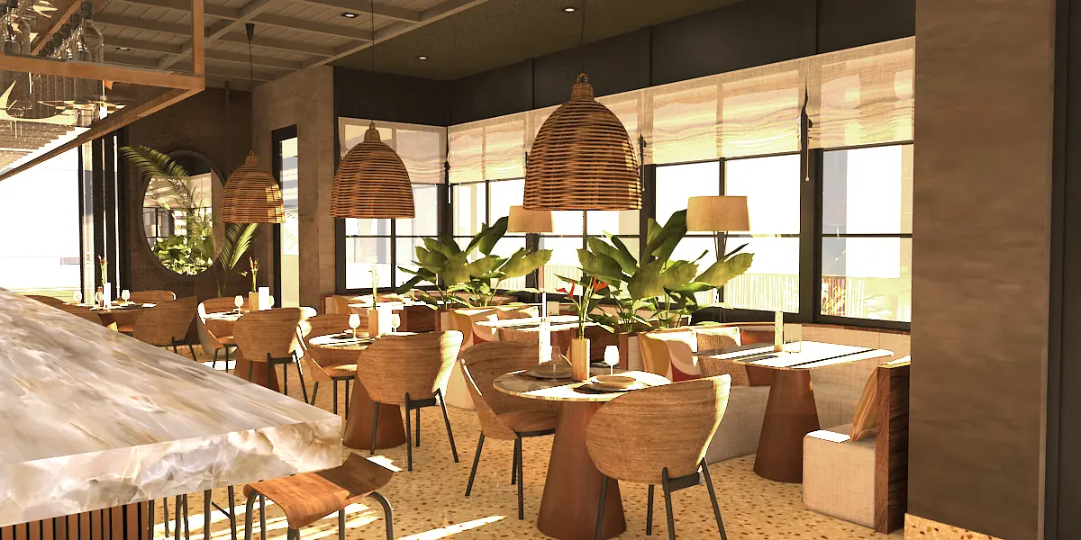 Dining room with wooden tables, rattan pendant lights, plants, and a marble serving bar with large windows.
