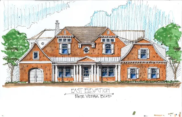 Front elevation of a house with shingle siding, columns, blue windows, and trees.