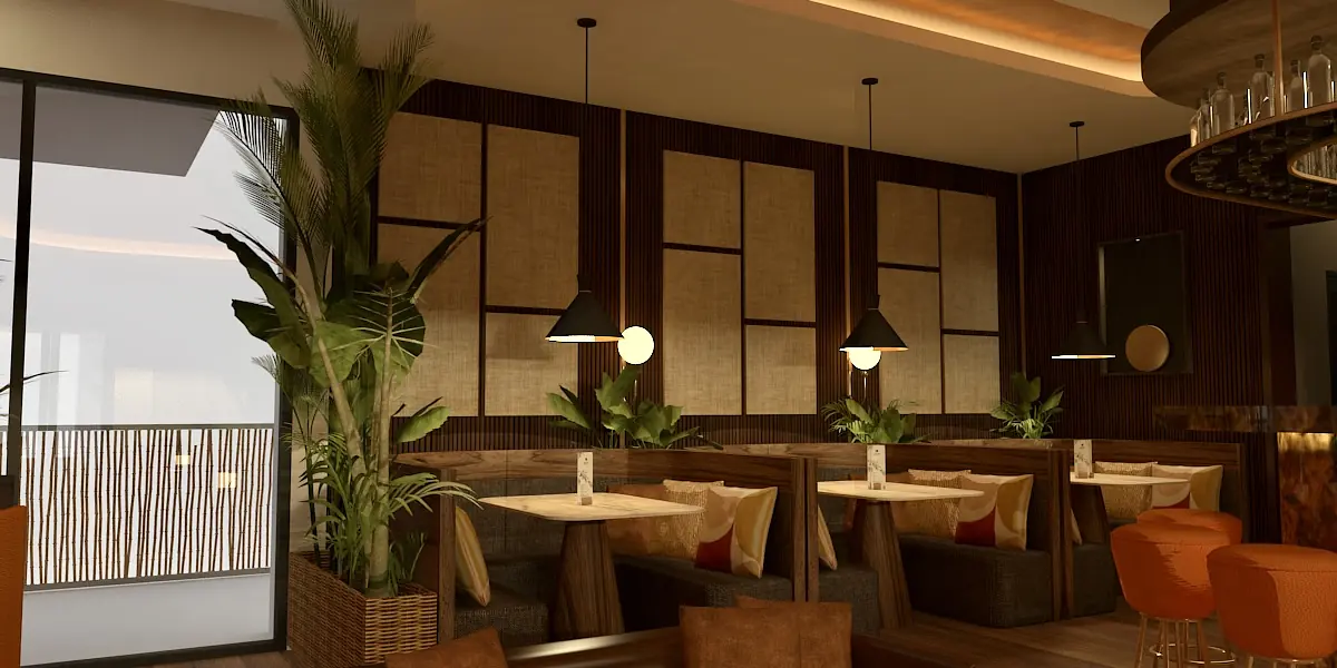 Dining room with booth seating, wooden tables, indoor plants, and pendant lighting along textured walls.