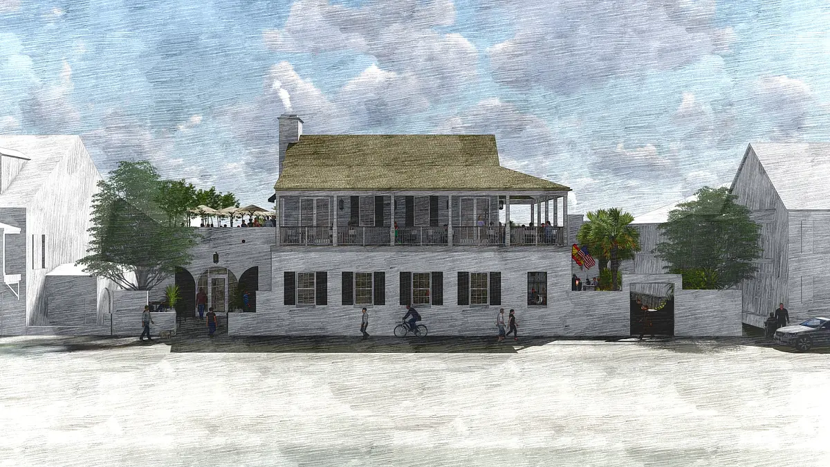 Exterior front of building with porch, peaked roof, windows, people, trees, and a parked vehicle