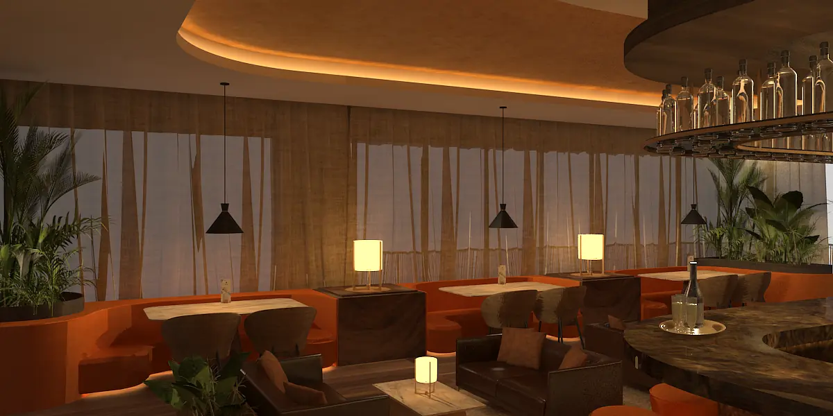 Dining room with curved bar counter, leather chairs, stone tabletops, large windows, and ambient lighting