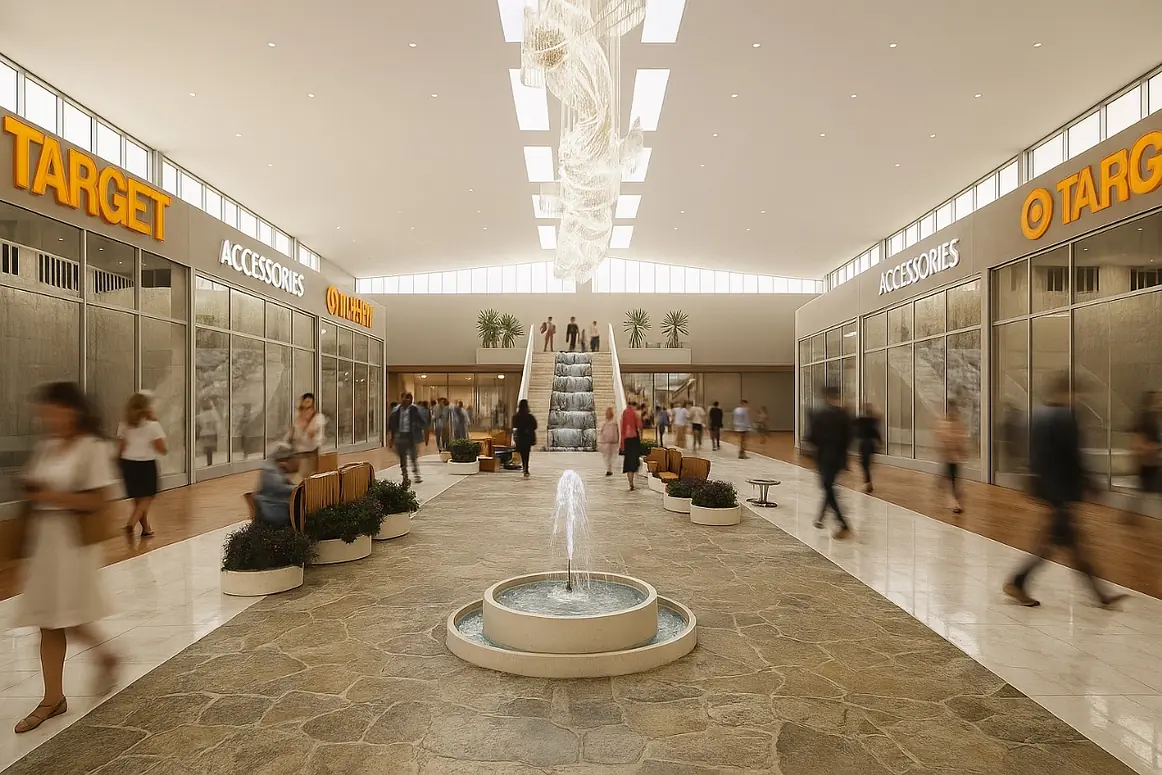 Retail space with central fountain, planters, escalators, seating, and 'Target' store signage.