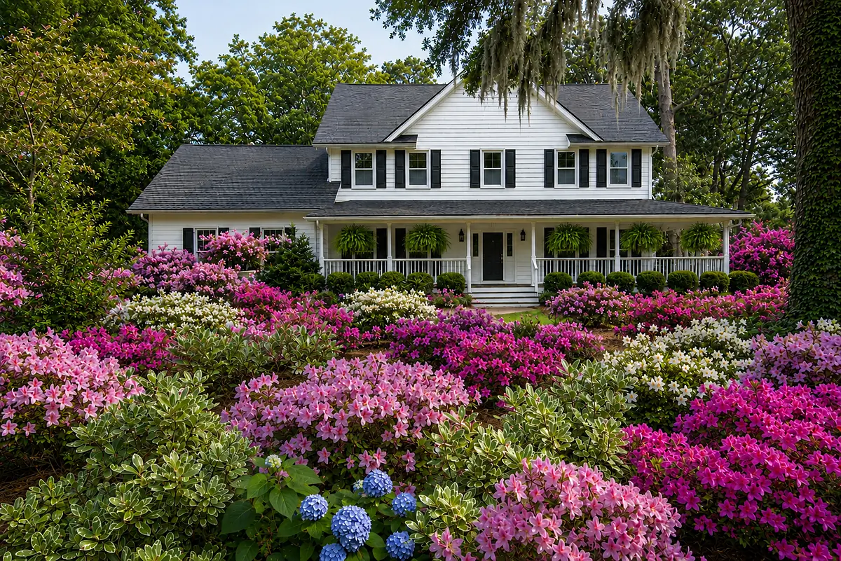Two-story house exterior with white siding, black shutters, front porch, and colorful flowering bushes.