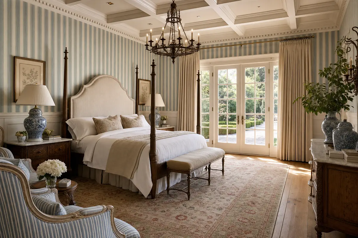 Bedroom with four-poster bed, armchairs, wooden dresser, and French doors to an outdoor space
