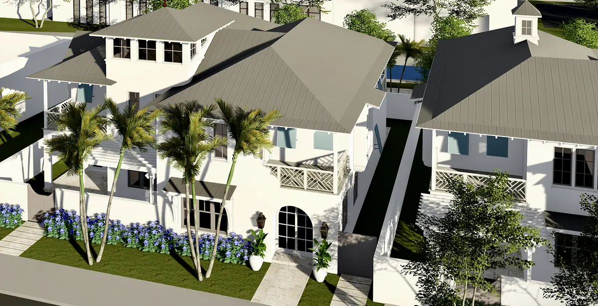 Exterior front view of two houses with landscaped yard and pathways.