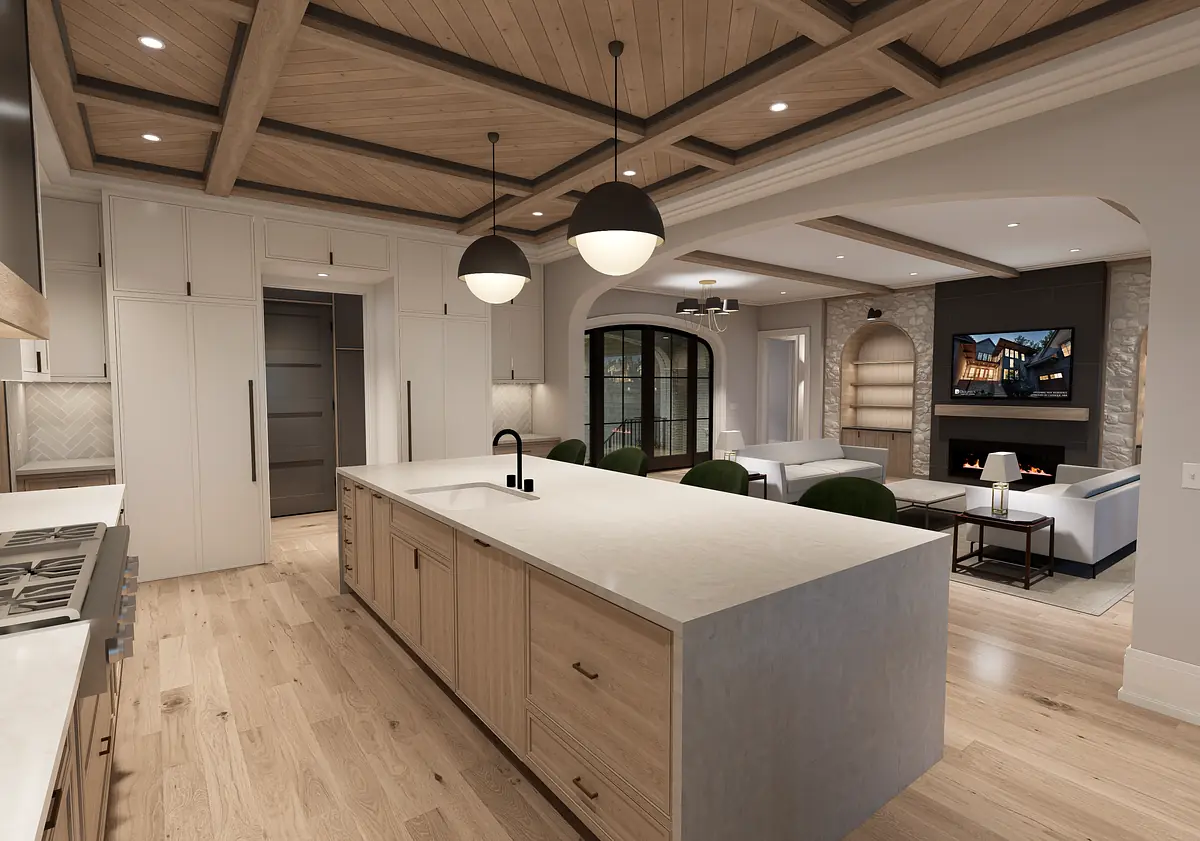 Kitchen with central island, wooden cabinetry, built-in appliances, and dining area with green chairs.