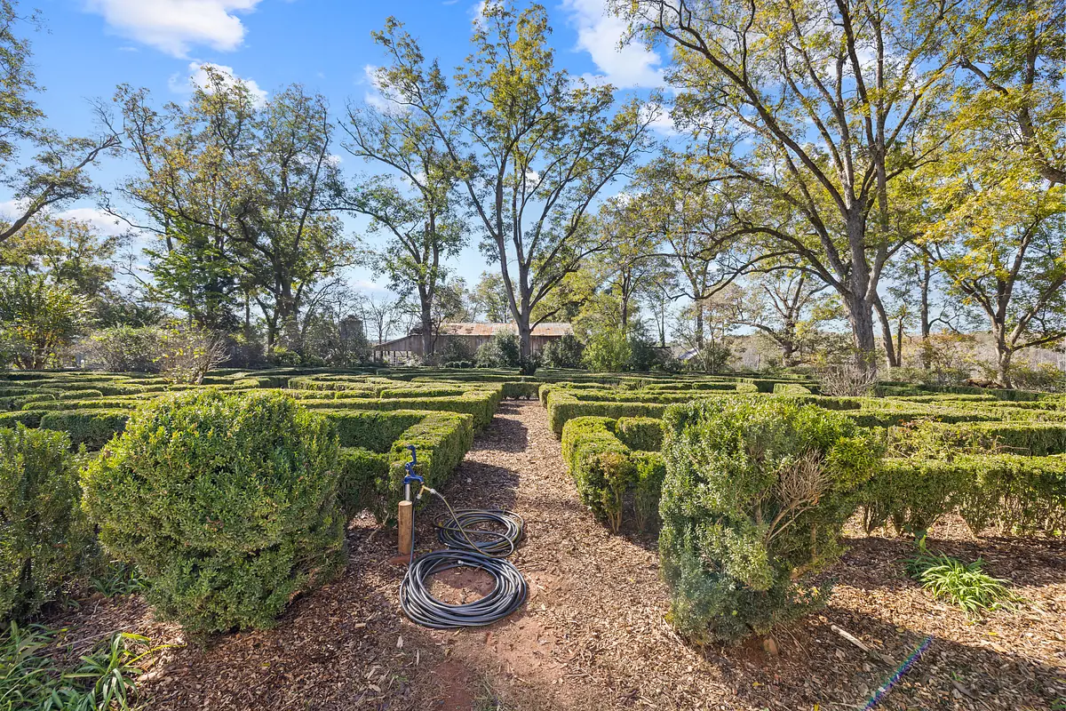 Garden area with trimmed hedges, stone pathways, trees, and a coiled hose.