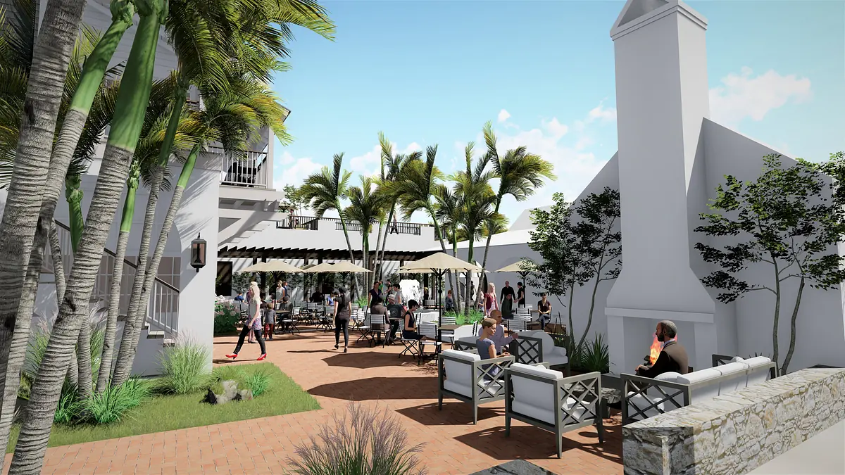 Outdoor patio with seating, umbrellas, palm trees, and a chimney.