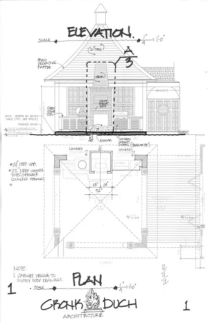 Architectural plan with elevations, floor layout, dimensions, and features like porch and roof design.