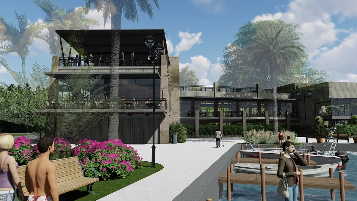 Exterior front view of a two-story building with balcony, large windows, landscaping, and people near boats.