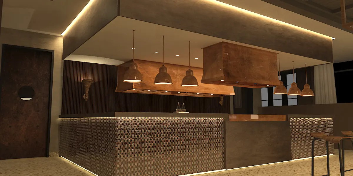 Kitchen with large wooden island, pendant lights, textured backsplash, and dark door with round handle.