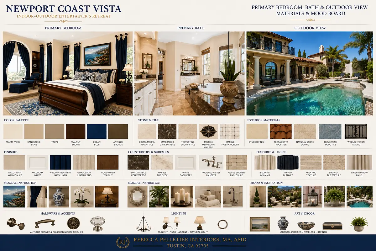 Design board with materials and color palettes for primary bedroom and outdoor view.