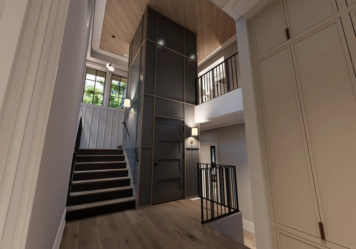 Hallway with staircase, black structure, built-in cabinetry, and large windows.