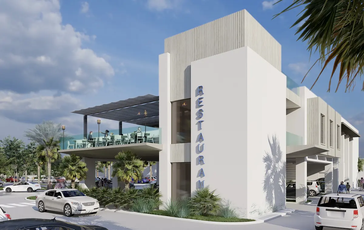 Exterior view of a restaurant with modern facade, terrace, and palm trees.