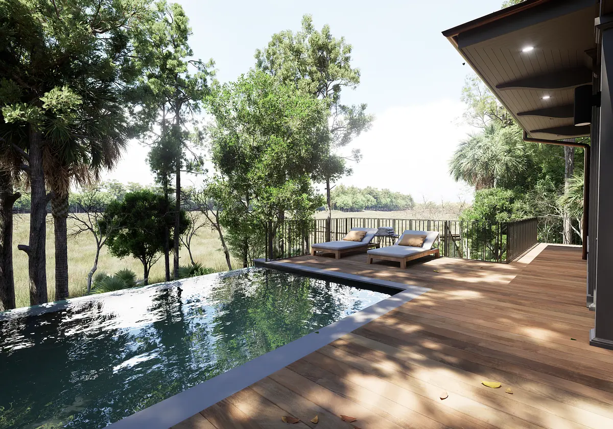 Outdoor deck with swimming pool, lounge chairs, wooden flooring, and surrounding greenery.