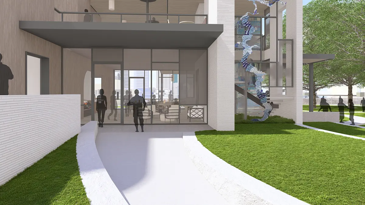 Exterior front with landscaped area, glass doors, and a multi-story structure featuring a staircase.