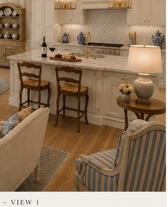 Kitchen with marble countertop, barstools, white cabinetry, blue vases, wine, and hardwood flooring