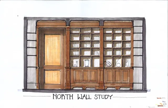 Study with built-in wooden shelves, books, decorative items, and flush wood door