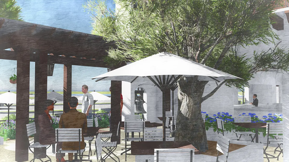 Patio with wooden pergola, metal tables, white chairs, large umbrella, and blue flower plants