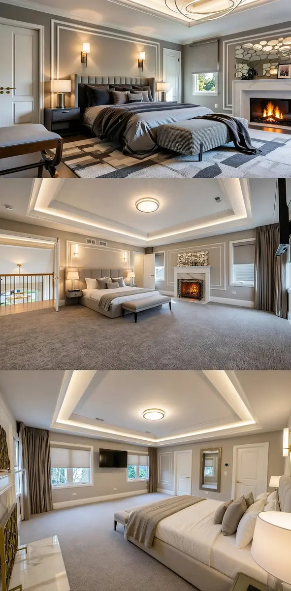 Bedroom with king-sized bed, tufted headboard, nightstands, rug, fireplace, and large windows with drapes