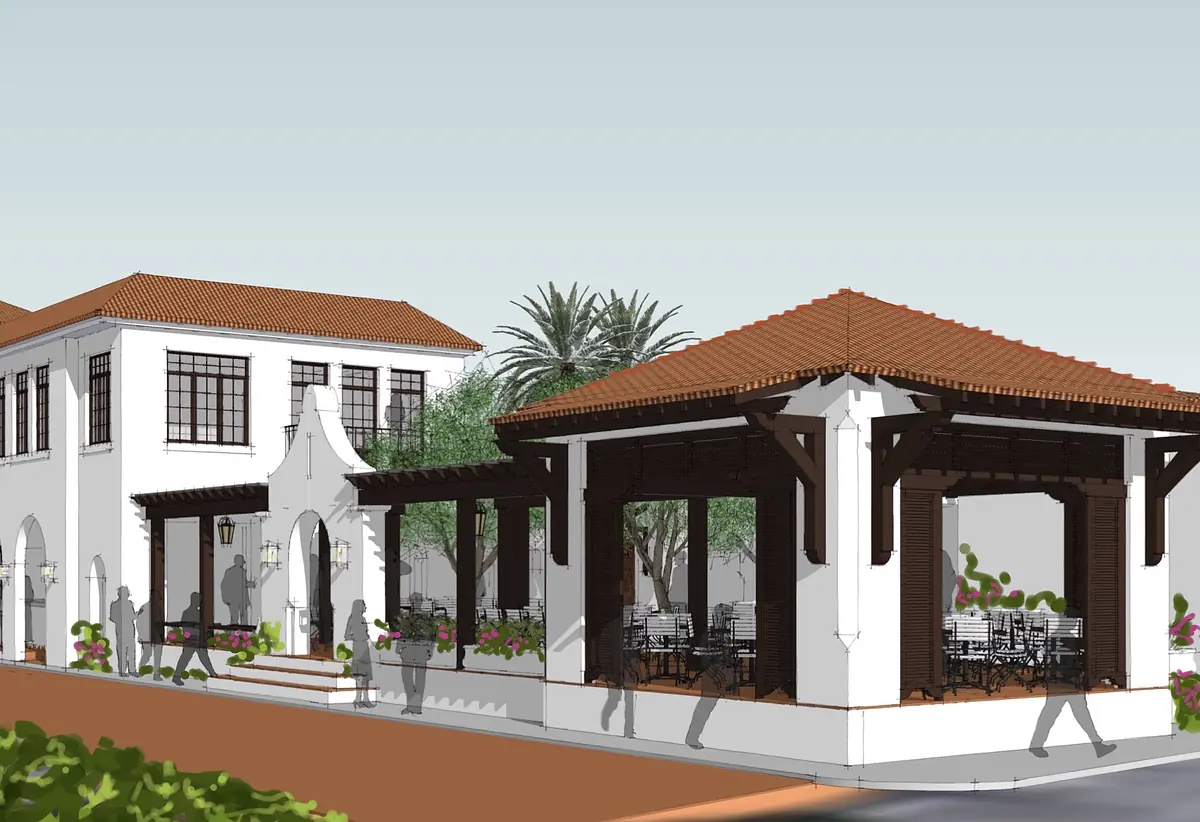 Architectural rendering of a building with entrance, outdoor seating, trees, and pathway.