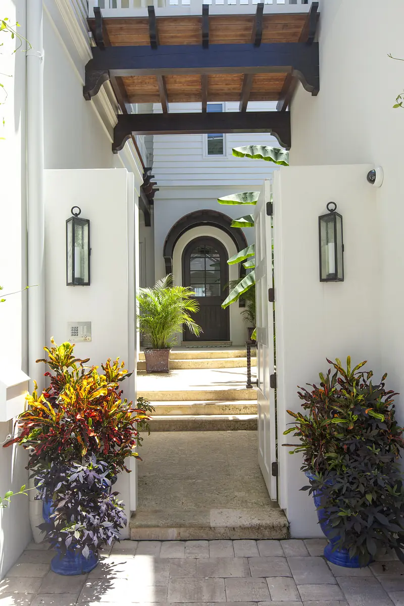 Exterior front area with white walls, dark wood door, stone steps, and flanking potted plants.