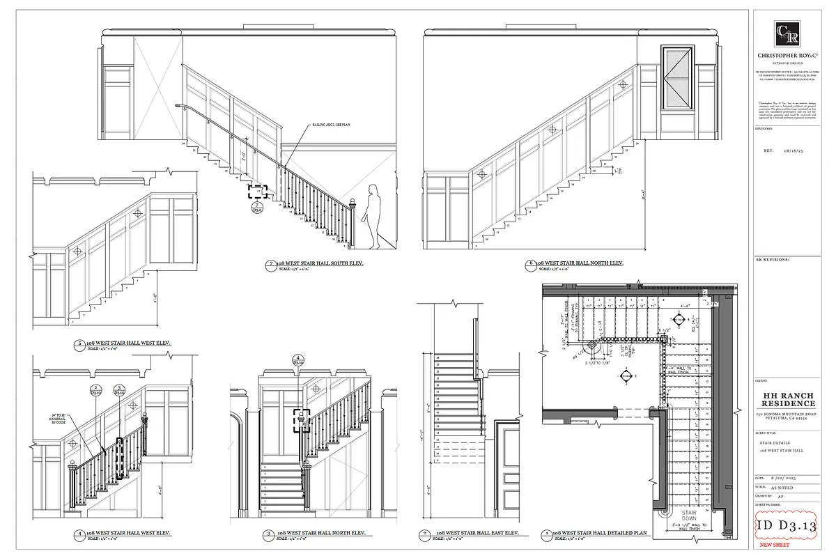 Architectural drawings of staircase design with bannister and landing details