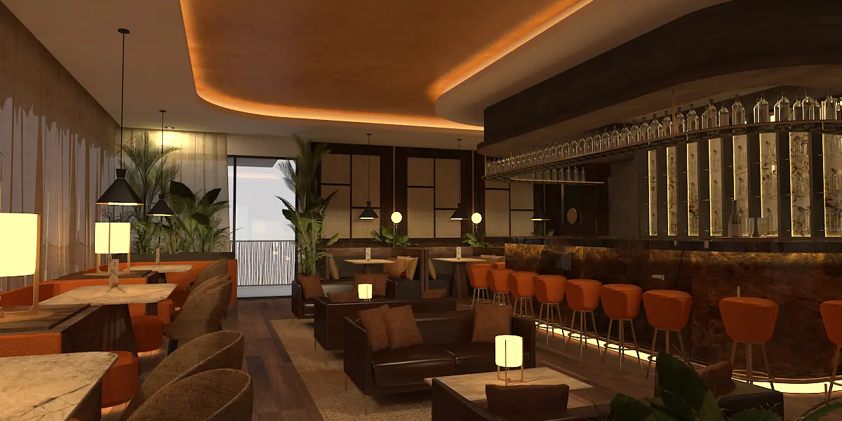 Lounge with leather sofas, marble tables, bar, bar stools, plants, and recessed lighting.