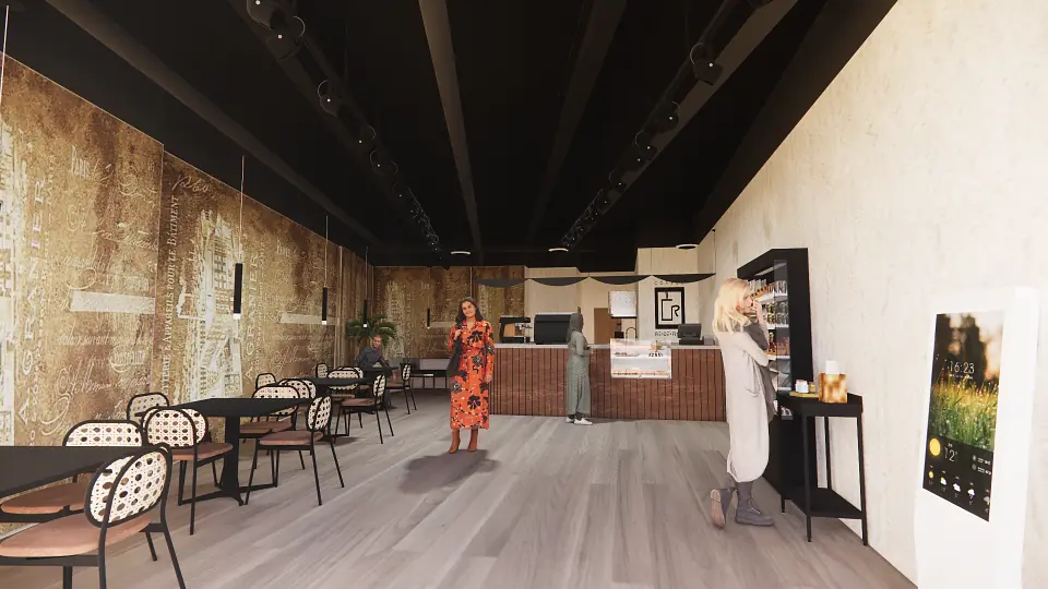 Dining room with black tables, patterned chairs, wooden counter, textured wall, and interacting figures