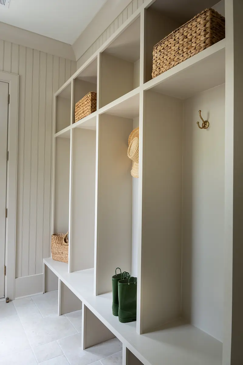 Mudroom with built-in cubbies, woven baskets, wall hook, and tiled flooring.