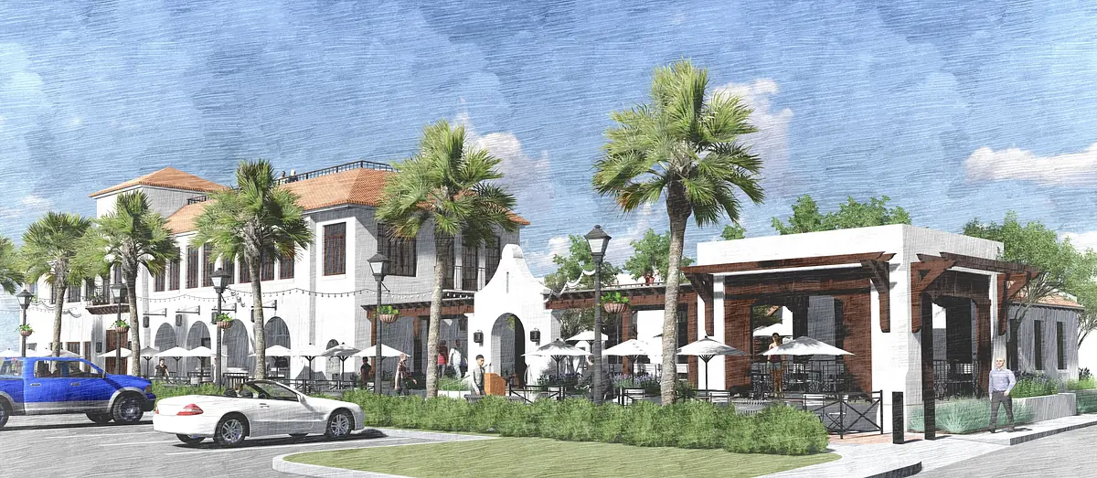 Exterior front view of a building with arches, palm trees, outdoor tables, and parked cars.