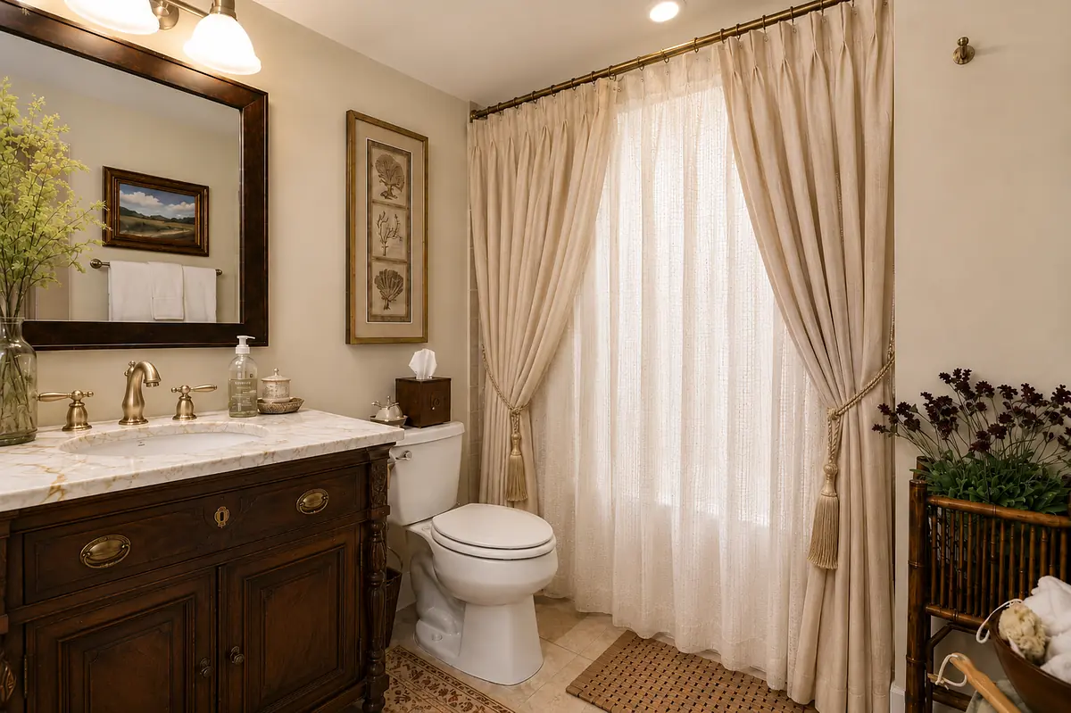 Bathroom with wooden vanity, marble countertop, white toilet, sheer curtains, and decorative accessories.