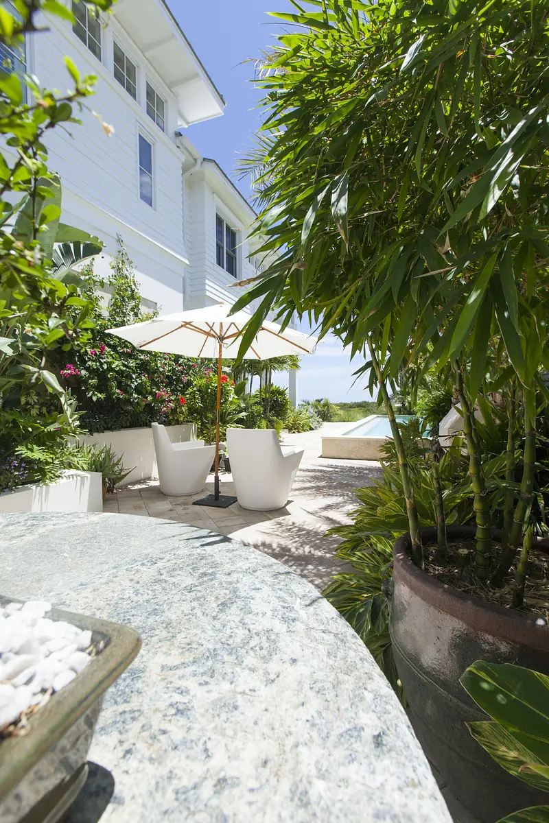 Patio with white chairs, small table, umbrella, and various potted plants near a swimming pool.