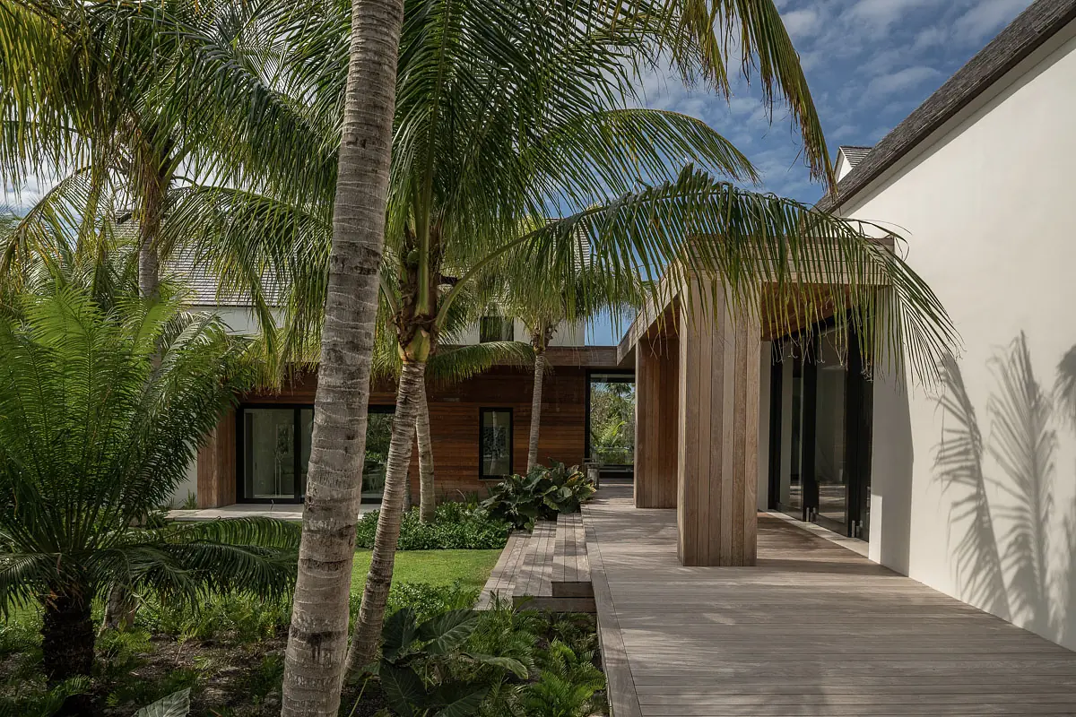 Exterior view with wooden deck, palm trees, ferns, and modern buildings with large glass windows