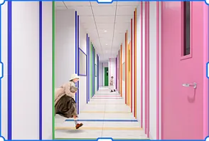 Hallway with colorful doors, white walls, and striped floor pattern with seated figures.