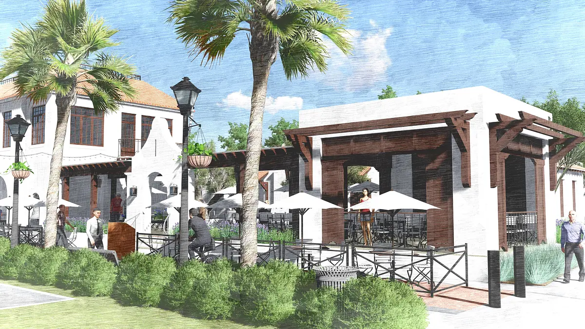 Patio with outdoor tables, chairs, umbrellas, palm trees, and decorative landscaping.