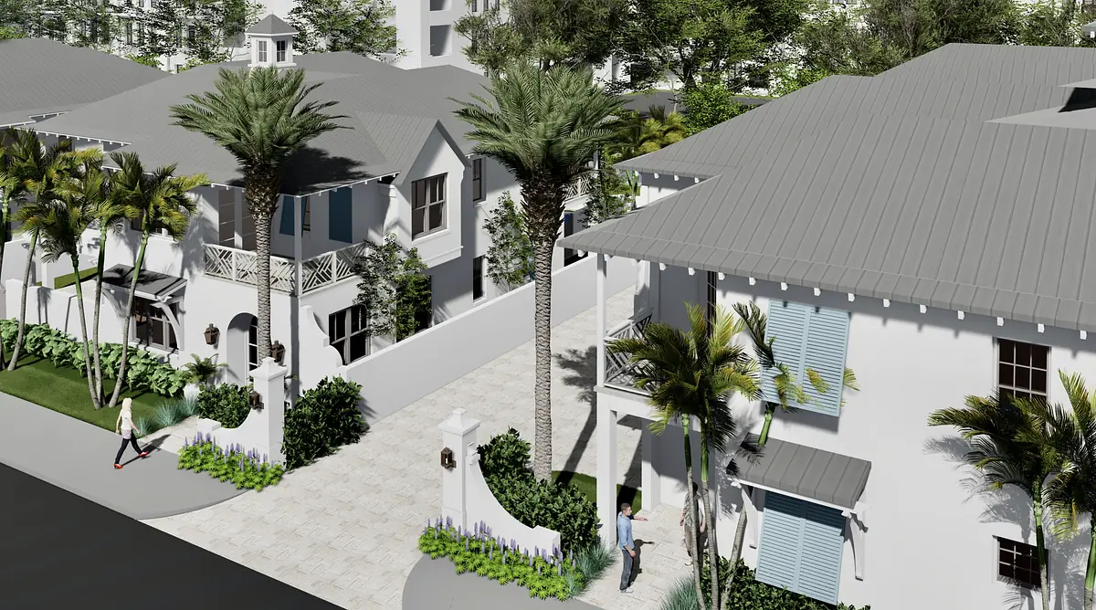 Exterior front view of two houses with gray roofs, palm trees, and stone pathway.