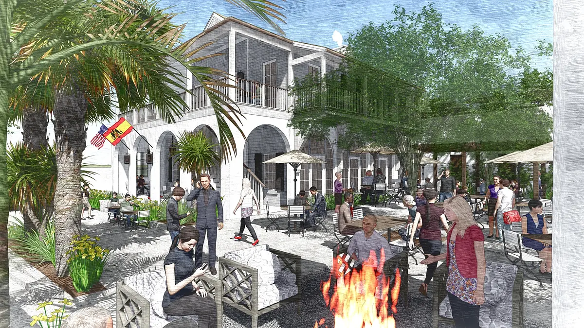 Outdoor patio with seating, dining tables, fire pit, palm trees, arches, and a flagpole.